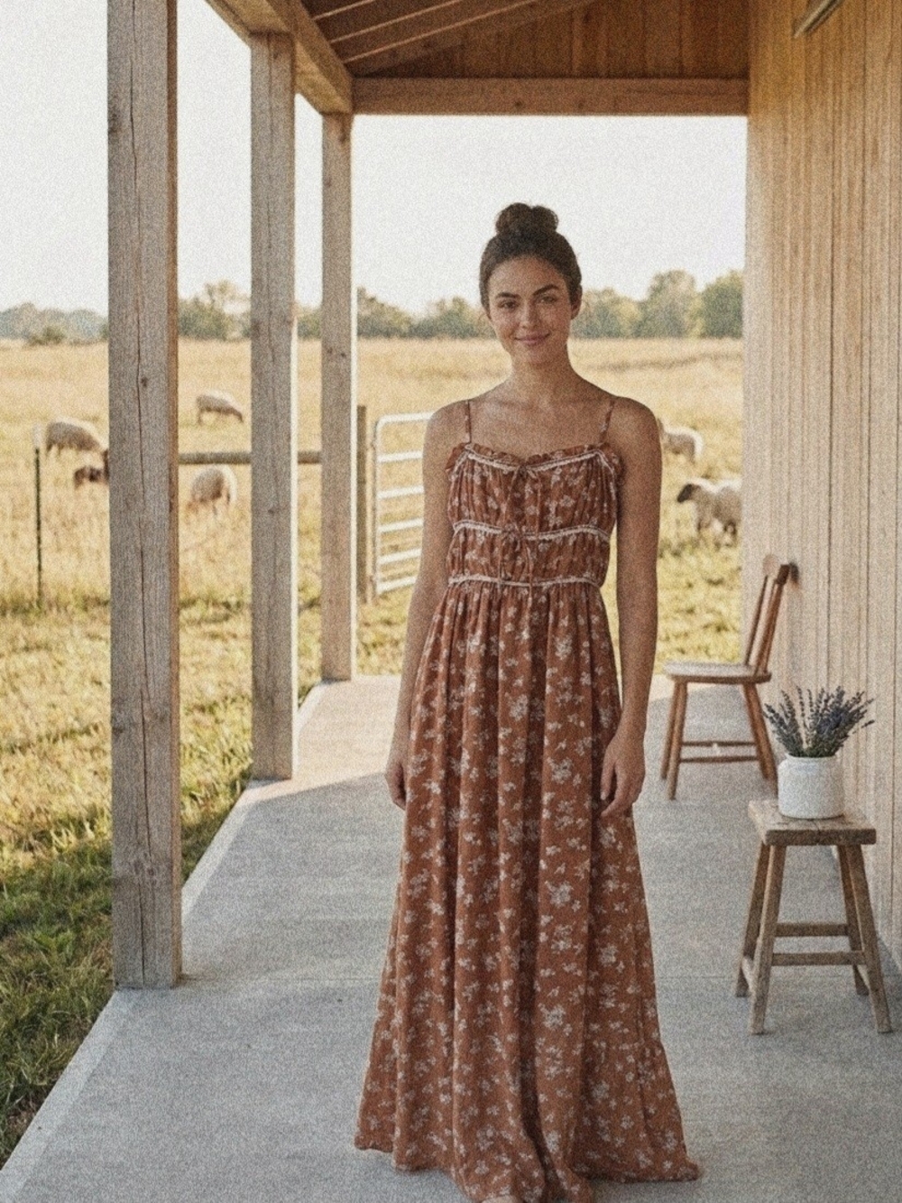 SINCERELY JULES PECAN BROWN FLORAL SMOCK TIE FRONT CROCHET TRIM MAXI DRESS LARGE